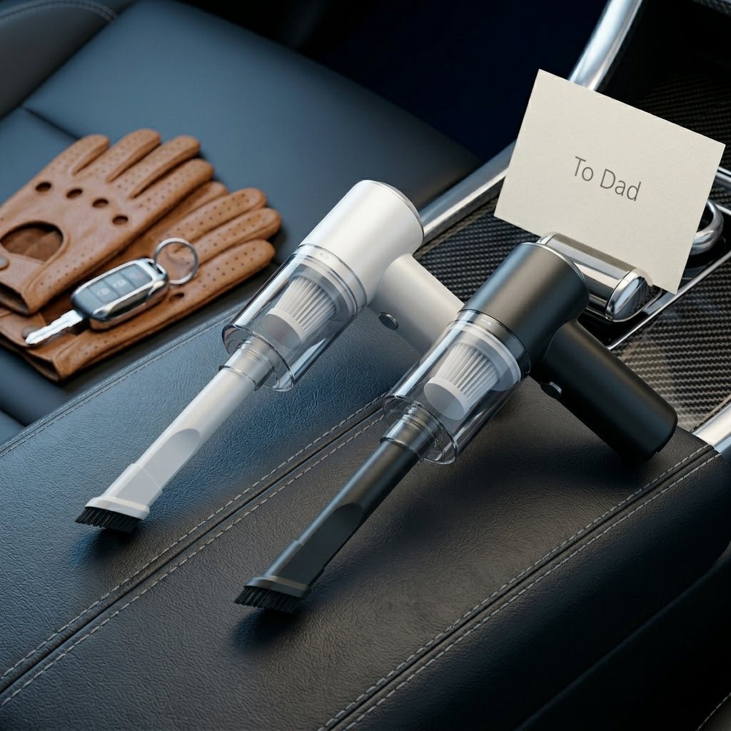 Aspirador inalámbrico para coche en blanco y negro sobre el salpicadero, presentado como regalo con tarjeta To Dad
