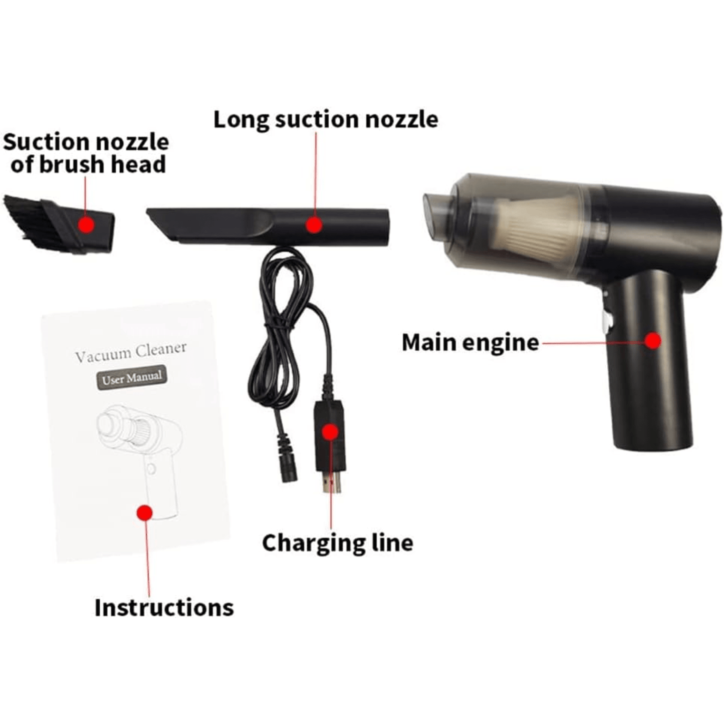 Accesorios del aspirador para coche: boquilla de cepillo, boquilla larga, motor, cable de carga e instrucciones