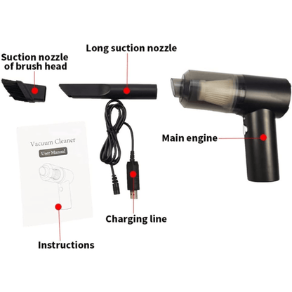 Accesorios del aspirador para coche: boquilla de cepillo, boquilla larga, motor, cable de carga e instrucciones