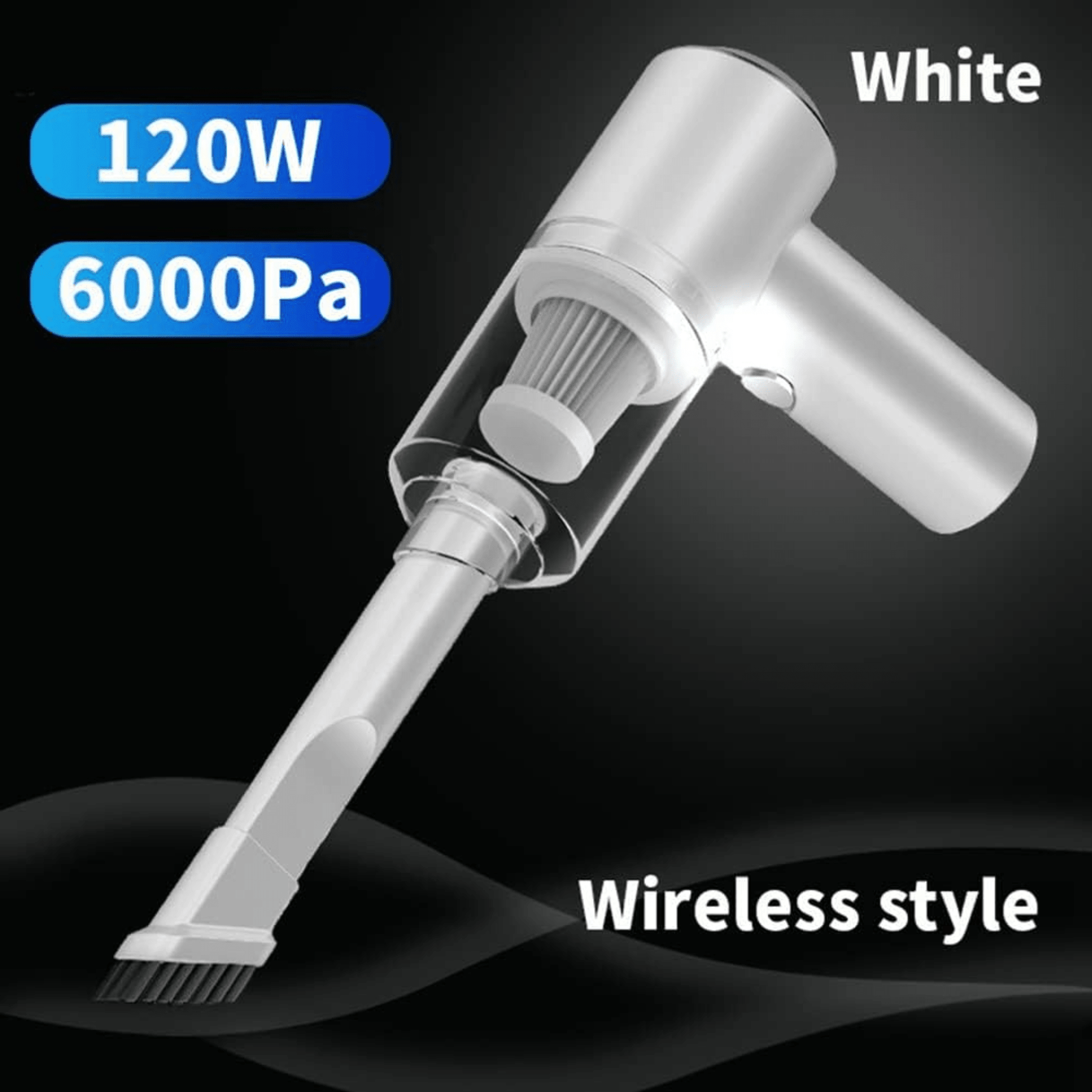 Aspirador inalámbrico para coche blanco 120W 6000Pa sin cables con boquilla de cepillo
