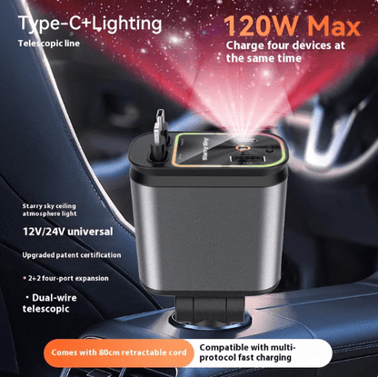 Cargador de coche 4 en 1 CleanDriver, vista del conector y los cables