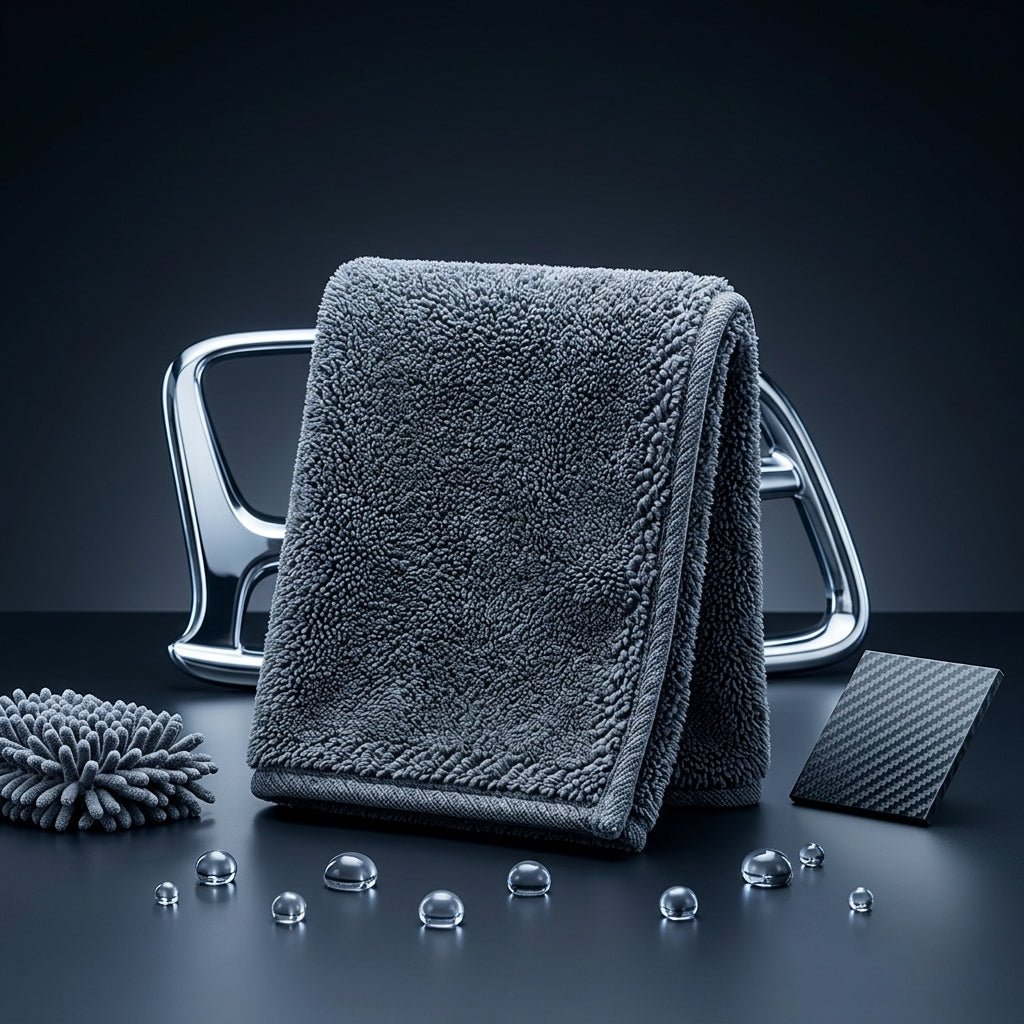 Paño de microfibra para coche gris doblado sobre soporte metálico, con accesorios de lavado