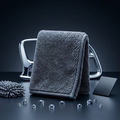 Paño de microfibra para coche gris doblado sobre soporte metálico, con accesorios de lavado