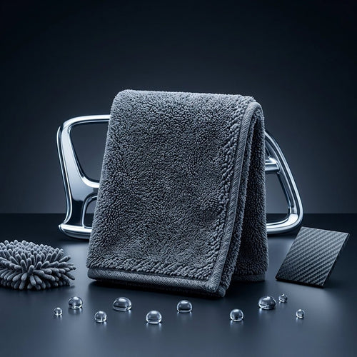 Paño de microfibra para coche gris doblado sobre soporte metálico, con accesorios de lavado